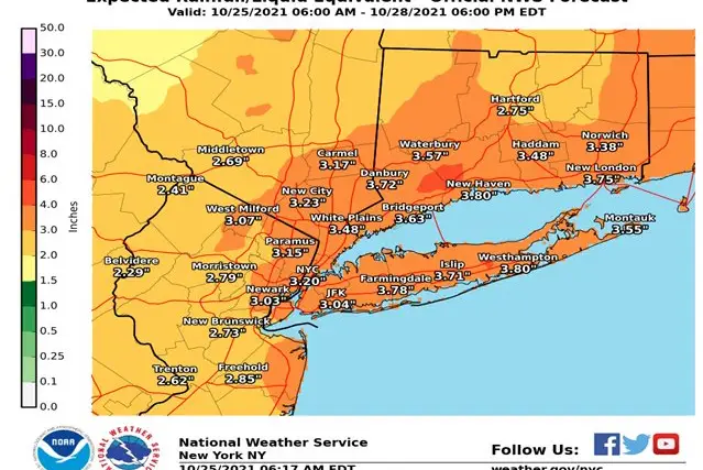 A graphic from the National Weather serivce that shows between 3 and 4 inches of rain is expected in the NYC region